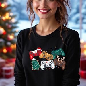Funny Gamer T-shirt Controls and Reindeer Tree black Unisex S M L XL XXL